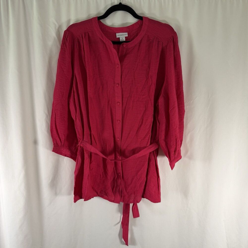 New Liz Claiborne Blouse Women's 1X Pink 3/4 Sleeve Button Up Belted Round Neck